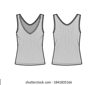 Ribbed open-knit tank technical fashion illustration with oversized body, deep V-neckline, elongated hem. Flat outwear top apparel template front, back, white color. Women, men unisex shirt CAD mockup