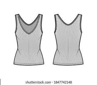 Ribbed open-knit tank technical fashion illustration with fitted body, deep V-neckline, elongated hem. Flat outwear top apparel template front, back, white color. Women, men unisex shirt CAD mockup