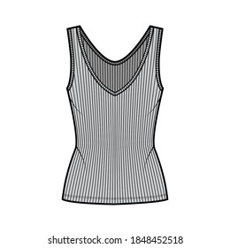 Ribbed open-knit tank technical fashion illustration with fitted body, deep V-neckline, elongated hem. Flat outwear top apparel template front, grey color. Women, men unisex shirt CAD mockup