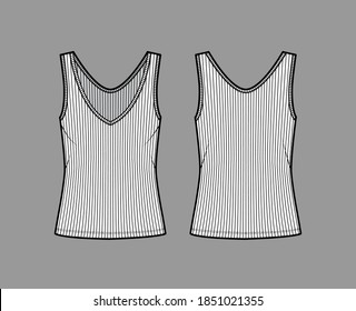Ribbed open-knit tank technical fashion illustration with oversized body, deep V-neckline, elongated hem. Flat outwear top apparel template front, back, white color. Women, men unisex shirt CAD mockup