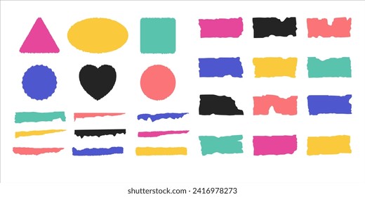 Piezas de papel con cinta. Conjunto de iconos vectoriales. Varias tiras de colores y formas geométricas con bordes rotos
