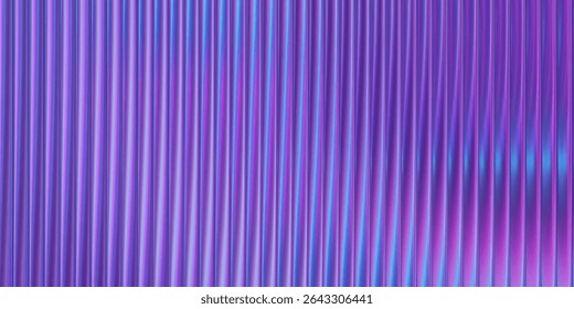 Fundo de vidro roxo com nervuras com gradiente iridescente e efeito de metal azul. Padrão fractal abstrato com design de parede de ondas de luz de néon. Superfície prismática translúcida com textura de diamante canelado.