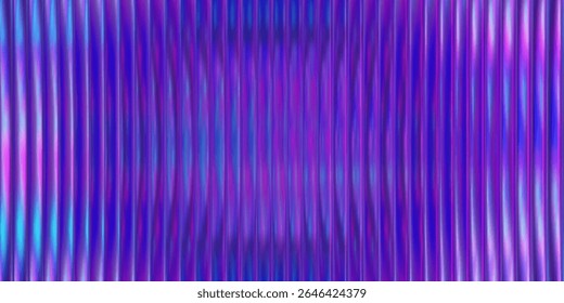 Ribbed purple glass background with iridescent gradient and blue metal effect. Abstract fractal pattern with neon light waves for premium wall design. Translucent prismatic surface with fluted diamond