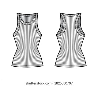 Ilustración técnica de la moda del tanque de algodón con accionamiento de accionamiento de lazo-espalda con cuello de cuchara ancha, cuerpo de punto montado, longitud de la túnica. Color blanco delantero de la plantilla de camisol plano. Mujeres hombres unisex camiseta superior CAD