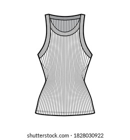 Ribbed racer-back cotton-jersey tank technical fashion illustration with wide scoop neck, fitted knit body, tunic length. Flat camisole template front white color. Women men unisex shirt top CAD