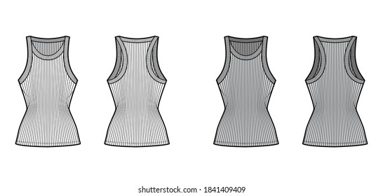 Ilustración técnica de la moda del tanque de algodón con accionamiento de accionamiento de lazo-espalda con cuello de cuchara ancha, cuerpo de punto montado, longitud de la túnica. Plantilla de camisol plano de color gris blanco de fondo delantero. Mujeres hombres unisex camiseta superior