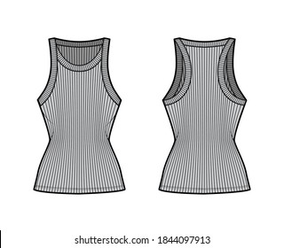 Ribbed racer-back cotton-jersey tank technical fashion illustration with wide scoop neck, fitted knit body, tunic length. Flat camisole template front back grey color. Women men unisex shirt top CAD