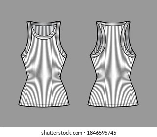 Ilustración técnica de la moda del tanque de algodón con accionamiento de accionamiento de lazo-espalda con cuello de cuchara ancha, cuerpo de punto montado, longitud de la túnica. Color blanco delantero de la plantilla de camisol plano. Mujeres hombres unisex camiseta superior CAD