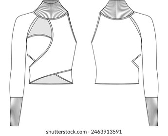 ribbed raglan turtleneck sleeveless one shoulder low-cut sweater blouse template technical drawing flat sketch cad mockup fashion woman design style model 