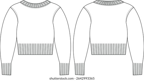 ribbed round neck balloon long sleeve ribbed hem cuff cropped crop sweater knitwear pullover template technical drawing flat sketch cad mockup fashion woman design style model 