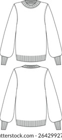 ribbed round neck crew neck balloon long sleeve knitted tunic sweater knitwear pullover template technical drawing flat sketch cad mockup fashion woman design style model 