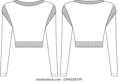 ribbed round neck crew neck collar ribbed hem shoulder long sleeve crop cropped fit blouse top sweater knitwear template technical drawing flat sketch cad mockup fashion woman design style model 