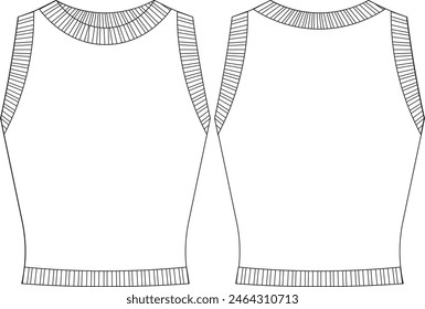 ribbed round neck crew neck sleeveless halter tank top blouse template technical drawing flat sketch cad mockup fashion woman design style model