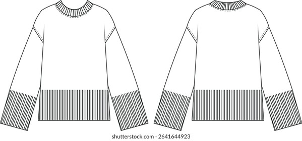 ribbed round neck cuff hem drop shoulder long sleeve loose oversize knitted sweater knitwear template technical drawing flat sketch cad mockup fashion woman design style model