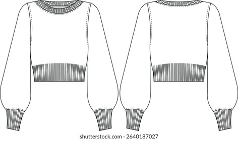 ribbed round neck hem cuff long sleeve balloon sleeve cropped crop slouchy loose knitted sweater pullover jumper template technical drawing flat sketch cad mockup fashion woman design style model 