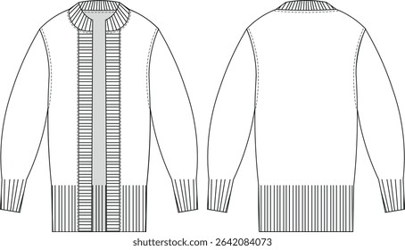 ribbed round neck open front ribbed cuff hem placket knitted loose slouchy balloon long sleeve cardigan template technical drawing flat sketch cad mockup fashion woman design style model 