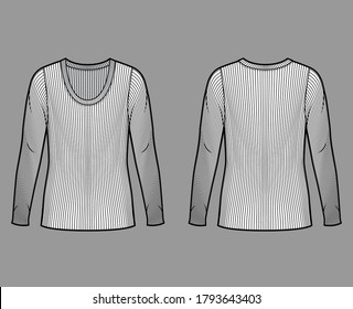 Ribbed scoop neck knit sweater technical fashion illustration with long sleeves, oversized body, tunic length. Flat outwear apparel template front back white color. Women men unisex shirt top CAD