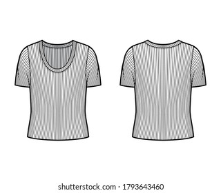 Ribbed scoop neck knit sweater technical fashion illustration with short rib sleeves, oversized body. Flat outwear apparel template front, back white color. Women, men unisex shirt top CAD mockup