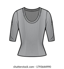 Ribbed scoop neck knit sweater technical fashion illustration with elbow sleeves, close-fitting shape. Flat outwear apparel template front grey color. Women, men unisex shirt top CAD mockup