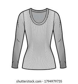 Ribbed scoop neck knit sweater technical fashion illustration with long sleeves, close-fitting shape tunic length. Flat outwear apparel template front white color. Women men unisex shirt top mockup