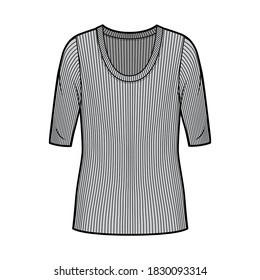 Ribbed scoop neck knit sweater technical fashion illustration with elbow sleeves, oversized body, tunic length. Flat outwear apparel template front, grey color. Women, men unisex shirt top mockup