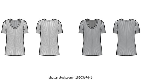 Ribbed scoop neck knit sweater technical fashion illustration with short rib sleeves, oversized body tunic length. Flat outwear apparel template front back white grey color. Women men unisex shirt top