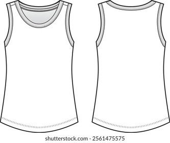 Ribbed Sleeveless Cotton Top Fashion Technical Illustration – Women’s Basic Tank with Scoop Neck and Fitted Silhouette CAD Template