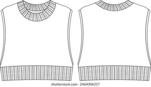ribbed sleeveless round neck crew neck cropped crop sweater pullover template tehcnical drawing flat sketch cad mockup fashion woman design style model