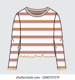 RIBBED STRIPE CROP TOP WITH LETTUCE HEMLINE FOR TEEN GIRLS AND KID GIRLS IN EDITABLE VECTOR FILE