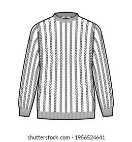 Ribbed Sweater technical fashion illustration with rib crew neck, long sleeves, oversized, hip length, knit cuff trim. Flat jumper apparel front, white color style. Women, men unisex CAD mockup