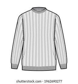 Ribbed Sweater technical fashion illustration with rib crew neck, long sleeves, oversized, hip length, knit cuff trim. Flat jumper apparel front, grey color style. Women, men unisex CAD mockup