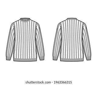 Ribbed Sweater technical fashion illustration with rib crew neck, long sleeves, oversized, hip length, knit cuff trim. Flat jumper apparel front, back, white color style. Women, men unisex CAD mockup