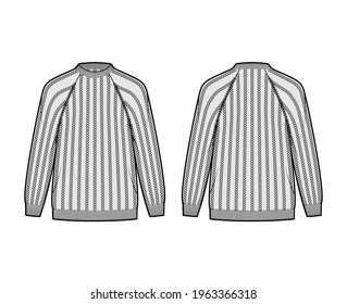 Ribbed Sweater technical fashion illustration with rib crew neck, long raglan sleeves, oversized, hip length, knit cuff trim. Flat jumper apparel front, back, grey color. Women, men unisex CAD mockup
