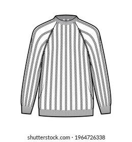 Ribbed Sweater technical fashion illustration with rib crew neck, long raglan sleeves, oversized, hip length, knit cuff trim. Flat jumper apparel front, white color style. Women, men unisex CAD mockup