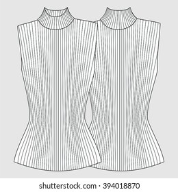 Ribbed Tank Top with High Funnel Neck. Fashion Illustration, CAD, Technical Drawing, Specification Drawing, Pen Tool, Editable.