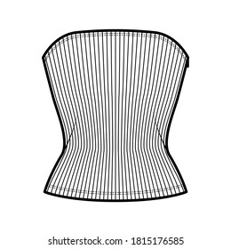 Ribbed tube top technical fashion illustration with side zip fastening, fitted body, round neckline, slim fit. Flat top apparel template front, white color. Women men unisex knit CAD mockup 