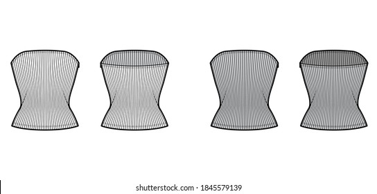 Ribbed tube top technical fashion illustration with side zip fastening, fitted body, round neckline, slim fit. Flat top apparel template front, back, white grey color. Women men unisex knit CAD mockup