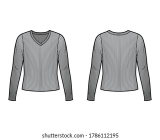 Ribbed V-neck knit sweater technical fashion illustration with long sleeves, oversized body. Flat outwear apparel template front back grey color. Women men unisex shirt top CAD mockup