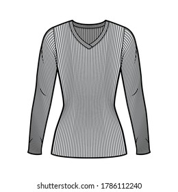 Ribbed V-neck knit sweater technical fashion illustration with long sleeves, close-fitting shape tunic length. Flat outwear apparel template front grey color. Women men unisex shirt top CAD mockup