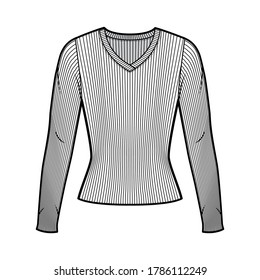 Ribbed V-neck knit sweater technical fashion illustration with long sleeves, close-fitting shape. Flat outwear apparel template front, grey color. Women men, unisex shirt top CAD mockup