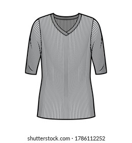 Ribbed V-neck knit sweater technical fashion illustration with elbow sleeves, oversized body, tunic length. Flat outwear apparel template front, grey color. Women, men unisex shirt top CAD mockup