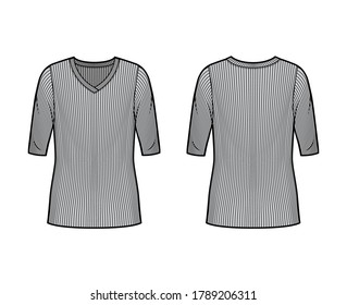 Ribbed V-neck knit sweater technical fashion illustration with elbow sleeves, oversized body, tunic length. Flat outwear apparel template front, back grey color. Women, men unisex shirt top mockup