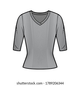 Ilustración técnica de la moda del suéter de cuello V con lazo de codo, forma de ajuste cercano. Funda de ropa de vestir plana de color gris frontal. Mujeres, hombres unisex camiseta top CAD mockup