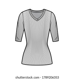 Ribbed V-Nacken Strickpullover technische Mode-Illustration mit Ellenbogen-Ärmeln, Nahform, Tuniklänge. Flaches Outwear-Bekleidungs-Template vorne weiß Farbe. Frauen entführen CAD-Modell nach oben