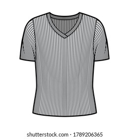 Ribbed V-neck knit sweater technical fashion illustration with short rib sleeves, oversized body. Flat outwear apparel template front, grey color. Women, men unisex shirt top CAD mockup