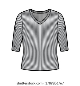 Ribbed V-neck knit sweater technical fashion illustration with elbow sleeves, oversized body. Flat outwear apparel template front, grey color. Women, men unisex shirt top CAD mockup