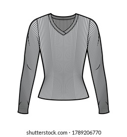 Ribbed V-neck knit sweater technical fashion illustration with long sleeves, close-fitting shape. Flat outwear apparel template front, grey color. Women men, unisex shirt top CAD mockup