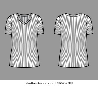 Ribbed V-neck knit sweater technical fashion illustration with short rib sleeves, oversized body tunic length. Flat outwear apparel template front back white color. Women men unisex shirt top mockup