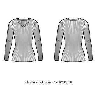 Ribbed V-neck knit sweater technical fashion illustration with long sleeves, close-fitting shape tunic length. Flat outwear apparel template front back white color. Women men unisex shirt top mockup