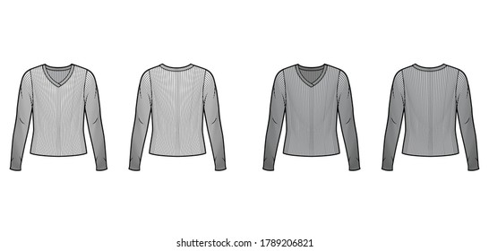 Suéter de moda técnica de suéter de cuello de V con lazo, mangas largas, cuerpo sobredimensionado. Plantilla de ropa de vestir plana de color gris blanco delantero. Mujeres hombres unisex camiseta top CAD mockup